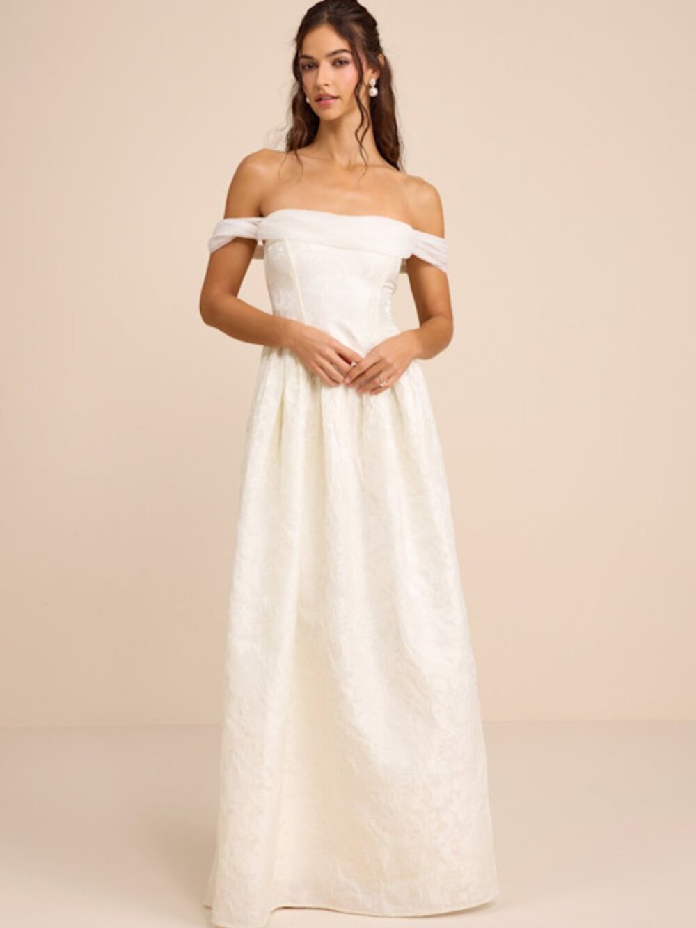 Lulus Everglow Ivory Jacquard Off-the-shoulder Basque Waist Maxi Dress White